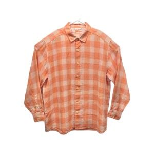 Tommy Bahama Size XL  Orange Plaid Relax Fit‎ Long Sleeve Button Up 100% Linen